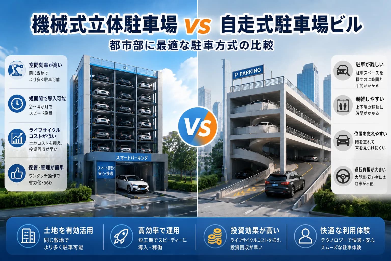 機械式立体駐車場 vs 自走式駐車場ビル｜都市部に最適な駐車方式の比較